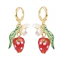 Lampwork Strawberry with Plastic Pearl Flower Dangle Leverback Earring, Gold Plated Brass Drop Earrings for Women