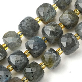 Natural Labradorite Beads Strands, with Seed Beads, Faceted Cube