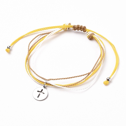 Bracelets tressés en cordon de polyester ciré, avec des perles en laiton, 304 charmes en acier inoxydable, plat et circulaire avec croix