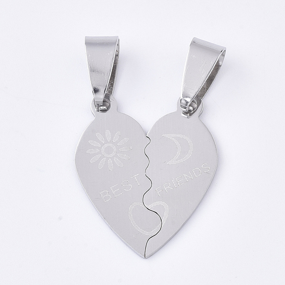201 Stainless Steel Split Pendants, Heart with Heart, with Word Best Friends