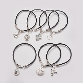 Unisex Charm Bracelets, with Cowhide Leather Cord, Tibetan Style Alloy Pendants and Lobster Claw Clasps