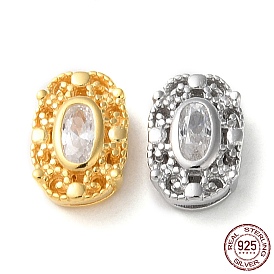 Oval Rhodium Plated 925 Sterling Silver Hollow Out Beads, with Cubic Zirconia, Long-Lasting Plated, with S925 Stamp