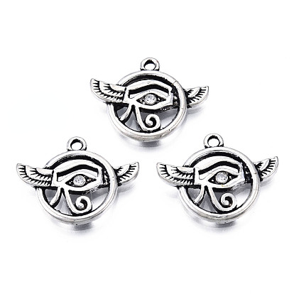 Tibetan Style Alloy Pendants, with Crystal Rhinestone, Cadmium Free & Lead Free, Flat Round with Wing & Eye of Horus