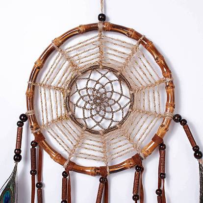 Red tejida de anillo de bambú de estilo nativo/web con decoración de plumas para colgar en la pared, con perlas abs, para la oficina en el hogar adorno de amuleto