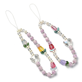 Tulip & Heart Natural Kunzite/Quartz Crystal & Glass Beaded Mobile Straps, Nylon Cord Mobile Accessories Decoration