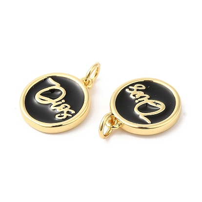 Real 16K Gold Plated Brass Enamel Pendants, with Jump Ring, Flat Round with Word Charms