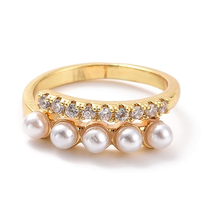 Clear Cubic Zirconia Cuff Ring with Plastic Pearl, Brass Jewelry for Women, Cadmium Free & Lead Free