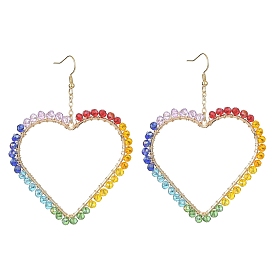 Coeur en laiton avec boucles d'oreilles pendantes en perles de verre, 304 boucles d'oreilles longues en acier inoxydable