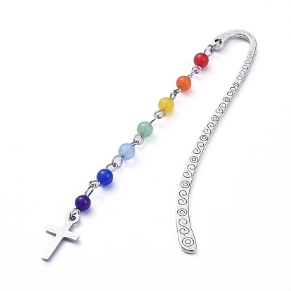 Chakra Theme, Tibetan Style Alloy Bookmarks, with Natural & Dyed Malaysia Jade Beads and 304 Stainless Steel Pendants