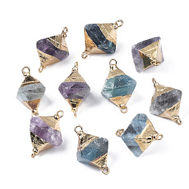 Natural Fluorite Links Connectors, with Light Gold Plated Brass Top and Iron Loop, Bicone