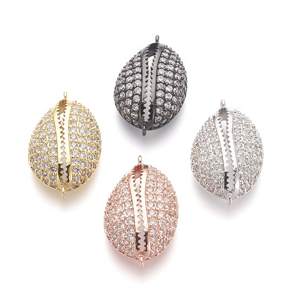 Brass Micro Pave Cubic Zirconia Links, Lead Free & Cadmium Free, Cowrie Shell Shape