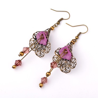 Acrylic Pendant Earrings, with Brass Filigree Flower Bead Caps, Glass Beads and Iron Earring Hooks, Lovely Wedding Dress Angel Dangle, Antique Bronze, 50mm, Pin: 0.8mm