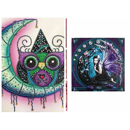 DIY Fairy/Owl Pattern Diamond Painting Kits, Including Resin Rhinestones, Diamond Sticky Pen, Tray Plate and Glue Clay