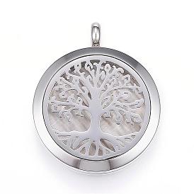304 Stainless Steel Diffuser Locket Pendants, with Perfume Pad and Magnetic Clasps, Flat Round with Tree