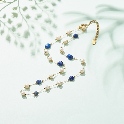 Collar de cuentas de perlas y piedras preciosas naturales, joyas de acero inoxidable chapado en oro para mujer.