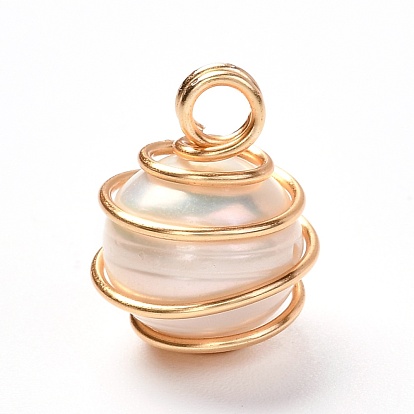 Natural Cultured Freshwater Pearl Pendants, with Real 18K Gold Plated Eco-Friendly Copper Wire, Round