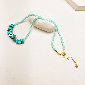 Colliers de perles de verre, colliers de style bohème en argile polymère mauvais œil et turquoise pierre dégringolée pour femmes, avec chaîne d'extension et fermoir mousqueton