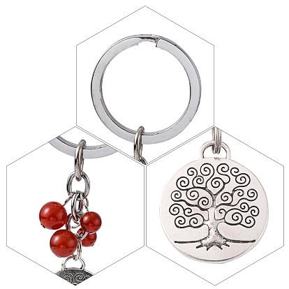 Porte-clés alliage, avec des perles de pierres fines, plat et circulaire avec arbre de vie