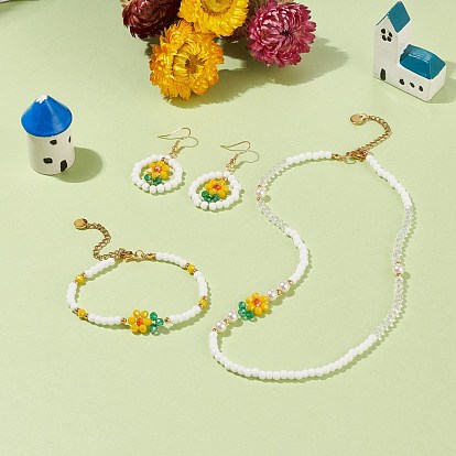 Glass Flower & Shell Pearl Beaded Dangle Earrings Bracelet Necklace, Floral Brass Jewelry Set for Girl Women