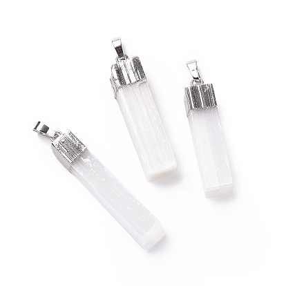 Natural Selenite Pendants, Cuboid Charms, with Rack Plating Brass Findings