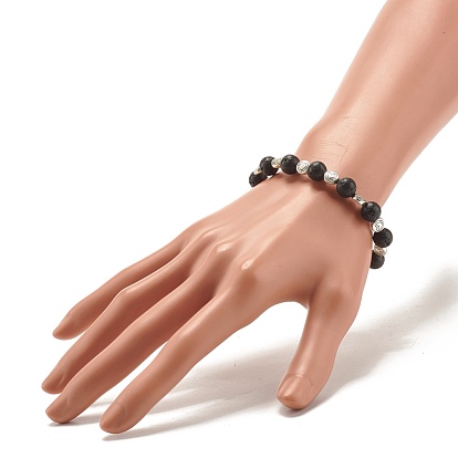Bracelet extensible rond en pierre de lave naturelle et perles en alliage de coeur, Diffuseur d'huile bijoux en pierre de puissance pour les femmes