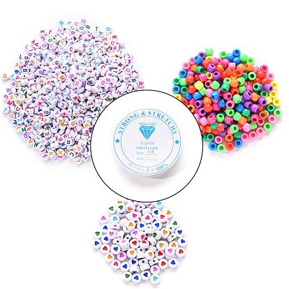 1 Bag 1200Pcs Opaque Acrylic Flat Round with Letter & Heart Beads, with 1roll Clear Elastic Crystal Thread, for DIY Children's Day Themed Bracelets Making Kits