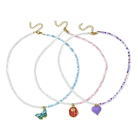3Pcs 3 Style Alloy Enamel Pendant Necklaces Set with Glass Seed Beaded Chains, Butterfly & Heart & Rose Flower