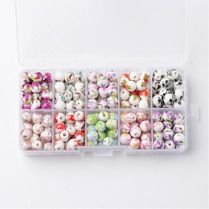 Ten Color Handmade Printed Porcelain Beads, Round, 8mm, Hole: 2mm, about 20pcs/color, about 200pcs/box