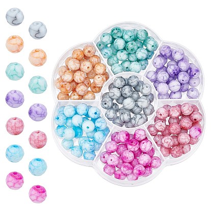 Superfindings 175pcs 7 couleurs opaques perles de verre craquelées peintes, facette, ronde