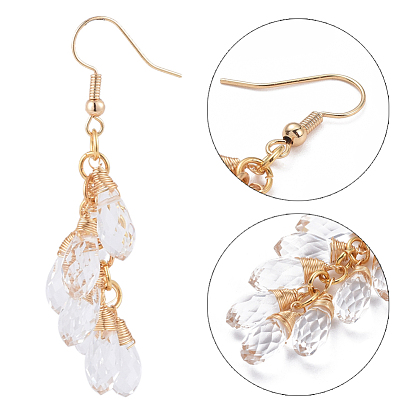 Dangle Earrings, Cluster Earrings, with Teardrop Glass Beads, Brass Earring Hooks and Copper Wire