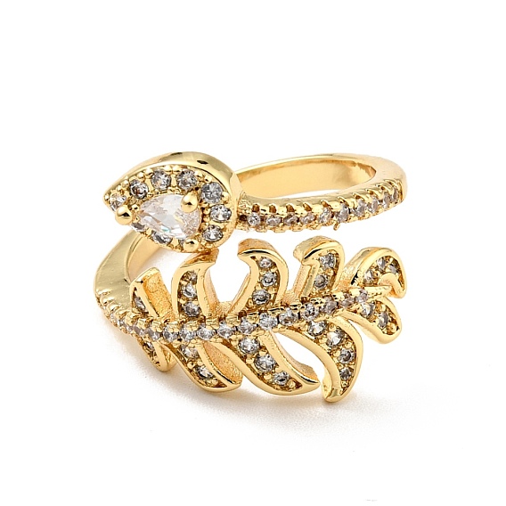 Cubic Zirconia Feather Open Cuff Ring, Real 18K Gold Plated Brass Jewelry for Women, Cadmium Free & Lead Free