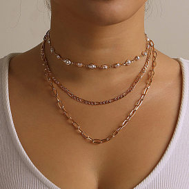 Multi-layered Pearl Pendant Necklace for Women with Fashionable Metal Accents