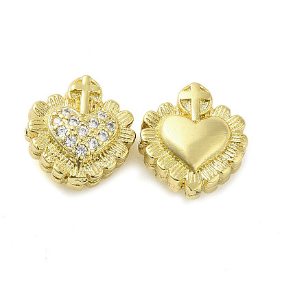 Rack Plating Brass Cubic Zirconia Beads, Long-Lasting Plated, Cadmium Free & Lead Free, Heart with Cross