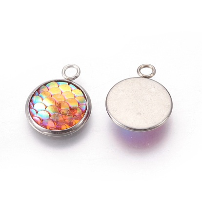 Resin Pendants, with 304 Stainless Steel Finding, Flat Round with Mermaid Fish Scale Shaped