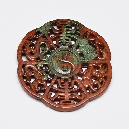 Смешанный стиль естественный Хэнань нефрита большие кулоны, резной нефрит, окрашенные, плоско-круглые, 67~73x6~8 мм, отверстие : 1~3 мм