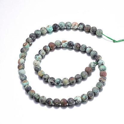 Brins de perles rondes en turquoise africaine naturelle (jaspe) givré