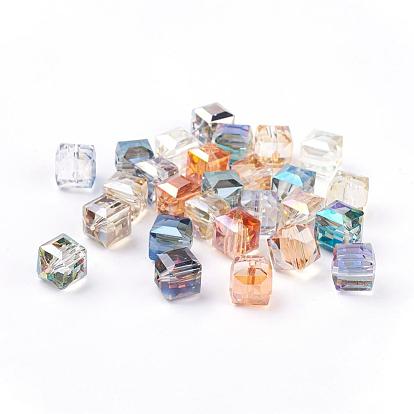 Electorplated Glass Beads, Rainbow Plated, Faceted, Cube, 10~11x10~11x10~11mm, Hole: 1mm