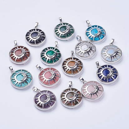 Gemstone Pendants, with Brass Findings, Flat Round with Sun & Moon, Platinum