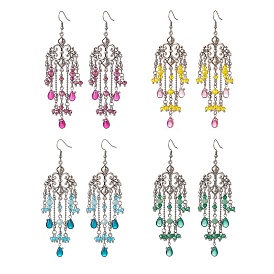 4 Pairs 4 Color Glass Teardrop Tassel Chandelier Earrings, 316 Surgical Stainless Steel Long Drop Earrings for Women