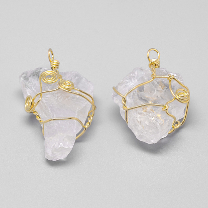 Pendentifs en cristal de quartz naturel brut brut, pendentifs en cristal de roche, avec les accessoires en laiton, nuggets