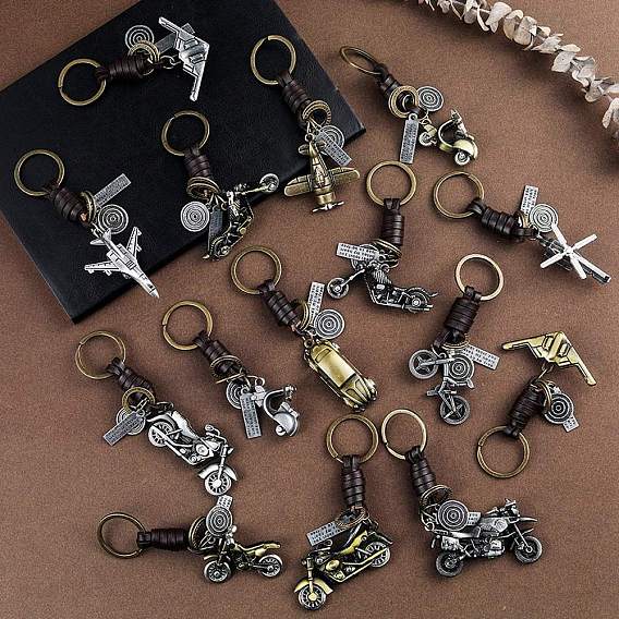 Punk Style Woven Cow Leather Alloy Pendant Keychain, for Car Key Pendant