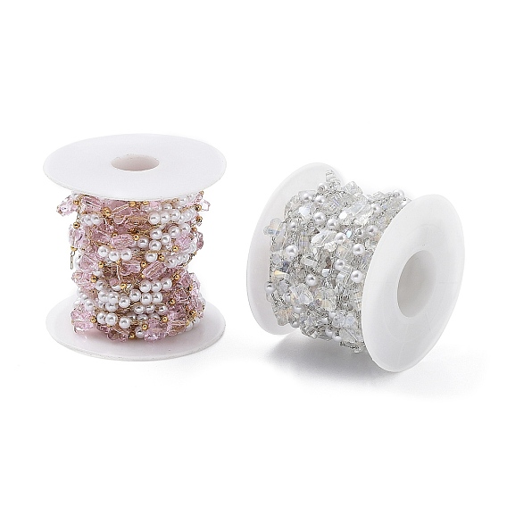 Cadenas de cuentas de perlas de imitación de plástico ABS y mariposas de vidrio hechas a mano, con 304 fornituras de acero inoxidable, soldada, con carrete