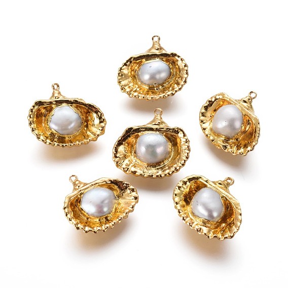 Natural Cultured Freshwater Pearl Pendants, with Brass Findings, Shell Shape