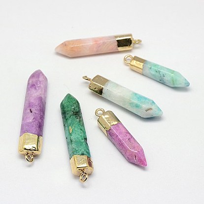 Natural Dyed Crystal Pencil Pointed Pendants, with Golden Color Brass Findings, Bullet,  30~52x8~9x8~9mm, Hole: 2mm