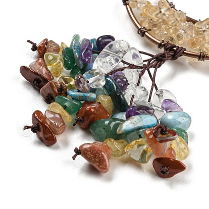 Wire Wrapped Brass Moon & Gemstone Pendant Decoration, Braided Nylon Thread and Gemstone Chip Tassel Hanging Ornaments