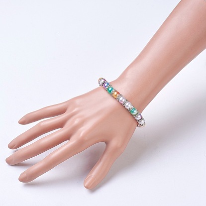Acrylic Imitation Pearl Stretch Bracelets, with Brass Rhinestone Spacer Beads, Round