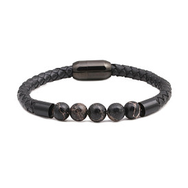 Stainless Steel Magnetic Clasp Leather Bracelet - European and American Men's Emperor Stone Bead Bracelet