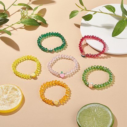 6 pcs 6 style orange & avocat & ananas & pastèque & citron ensemble de bracelets extensibles en argile polymère, bracelets empilables en perles de verre bling pour femmes