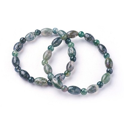 Natural Moss Agate Beads Stretch Bracelets, Rice with Round