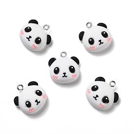 Opaque Resin Pendants, with Platinum Tone Iron Loops, Panda with Blush Face